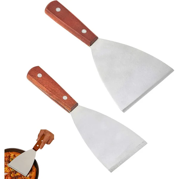 2 st rostfria stekspadar med trähandtag, grillspade, högkvalitativ rostfri stekspade för grillning och teppanyaki
