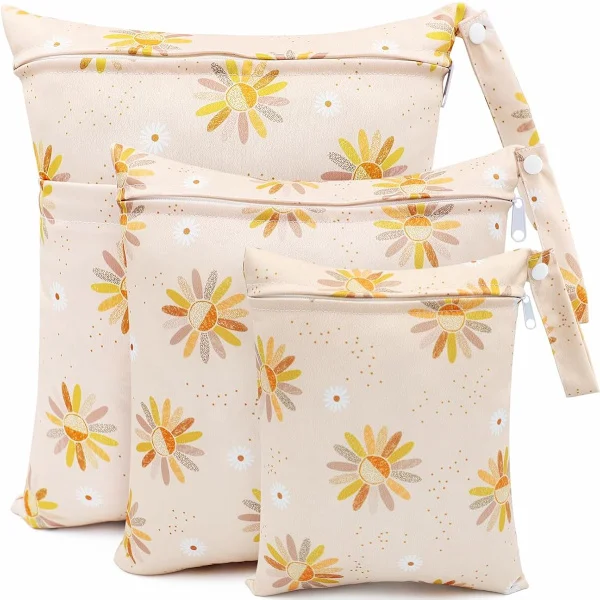 Bleieveske 3-delt vanntett oppbevaringspose gjenbrukbar våt tørr pose for babyutstyr gul blomsterprint
