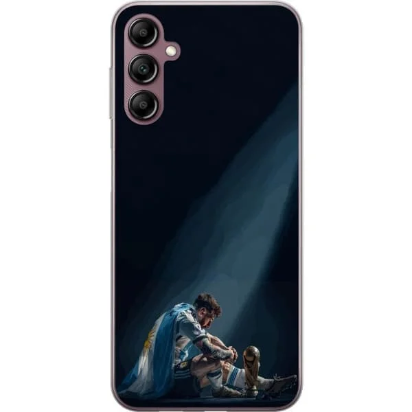 Kompatibelt Mobilskal till Samsung Galaxy A14 5G Lionel Messi som sitter med argentinska flaggan och VM-pokalen i konststil