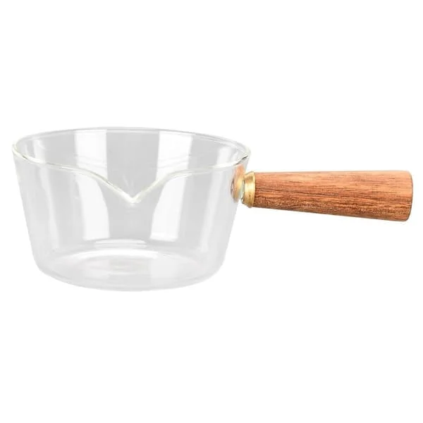 (SC) 400 ml Glass Milk Jug with Wooden Handle, V-shaped Spout, Kitchen Utensil Accessory