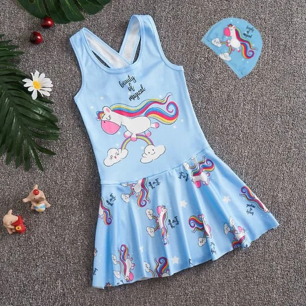Lasten uimapuku tyttö jumpsuit opiskelija uimapuku sarjakuva sininen yksisarvinen