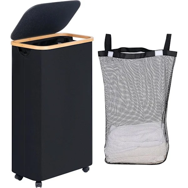75L Laundry Basket on Wheels, Slim Laundry Hamper with Lid, Foldable Laundry Basket with Bamboo Handle and Removable Bag