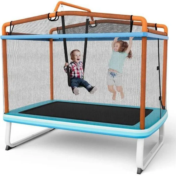 COSTWAY studsmatta för barn rektangulär 190 x 124 cm 3 i 1 med gunga, horisontell stång, kapslingsnät 100 kg orange