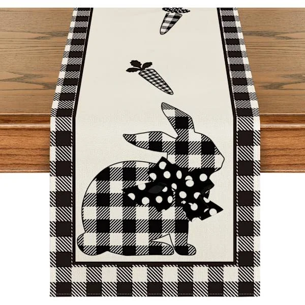 Red and White Checkered Bunny Carrot Table Runner for Easter, Spring Summer Holiday Kitchen Table Decor, for Indoor Outdoor Party Decoration 13 x 72 