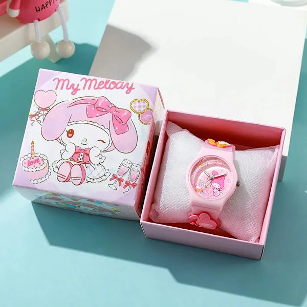 3D Hello Kitty Barneklokker med eske Cinnamoroll Kuromi Melody Jenteklokke Anime Actionfigurer Modell Leker Barneklokke Gave (YJD)