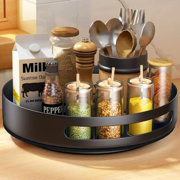 Rotating Tray Rotating Spice Rack Metal Steel Rotating Kitchen Spice Rack for Spice Storage Kitchen Cabinet Storage 12" Black-FX-