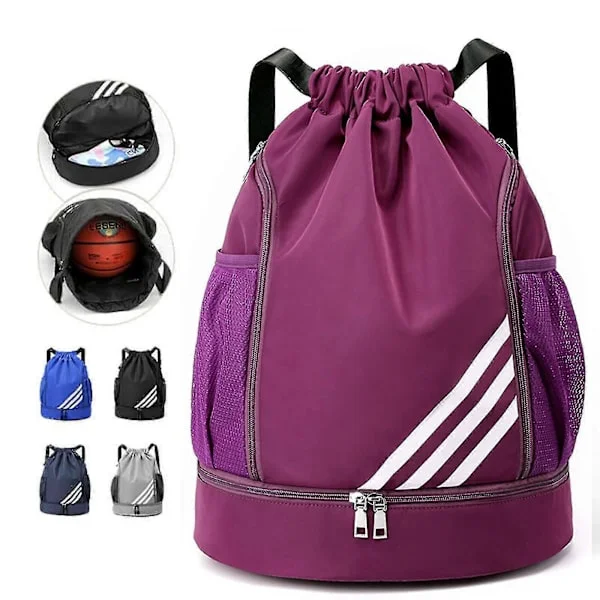 Waterproof Drawstring Backpack Sports Gym Bag with Shoe Compartment, Waterproof Drawstring Backpack for Men Women Purple