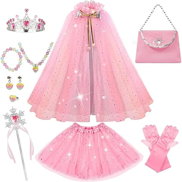 Prinsessekjole til lille pige, 11-delt prinsessekjole med krone, prinsessekjoler til piger 3-8 år fødselsdagsgave (Rosa) Rosa Pink