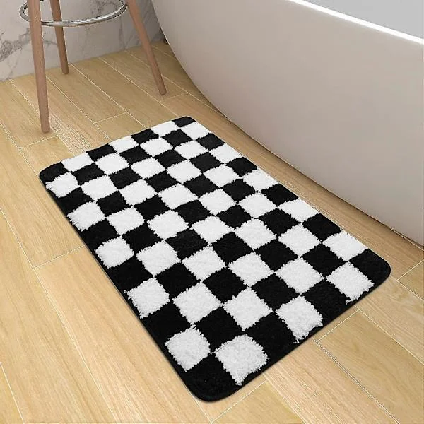 Black and White Plaid Bathroom Mat, Absorbent Plush Microfiber Bath Rug, Luxury Machine Washable Indoor Doormat, Non-Slip Shaggy Bathroom Carpet