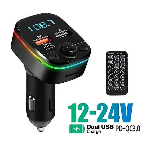3-i-1 Bil Bluetooth 5.0 FM-sändare, MP3-spelare, Dubbel USB + Typ-C PD Snabbladdningsgränssnitt, Fjärrkontroll, Ambient