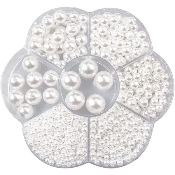 Pakke med 1150 Hvite Runde Perler 3/4/5/6/8/10/12 mm Hvite Faux Perle Smykker Laging Perler Faux Perler med Hull for Klær, Halskjeder, Armbånd,