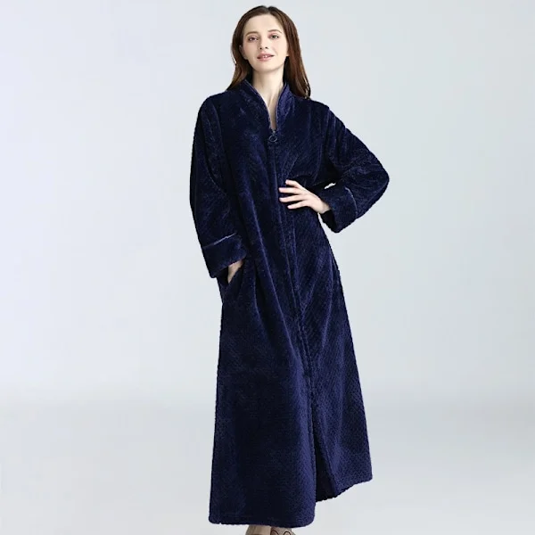 Vetoketjullinen aamutakki naisille, flanelli-fleece-takki, talvella lämmin kotitakk, yöpaita, tummansininen