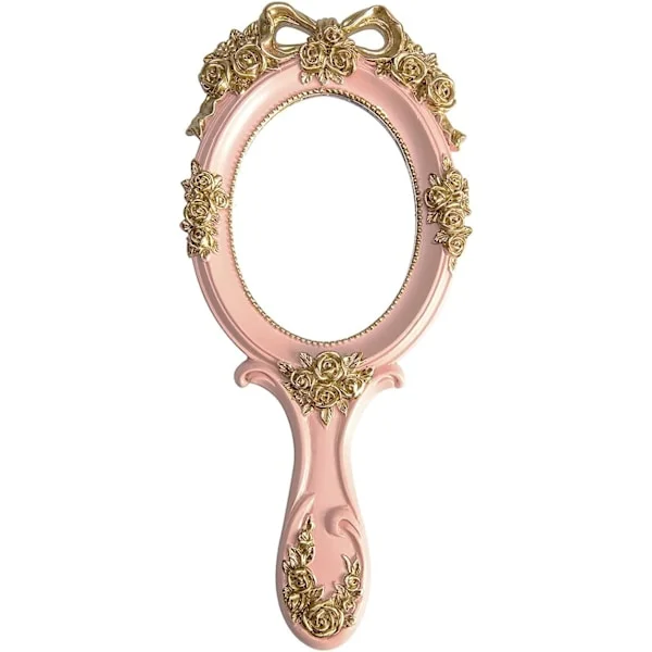 Vintage Håndspejl med Håndtag - Sød Prinsesse Pink Rose Kosmetik Håndspejl