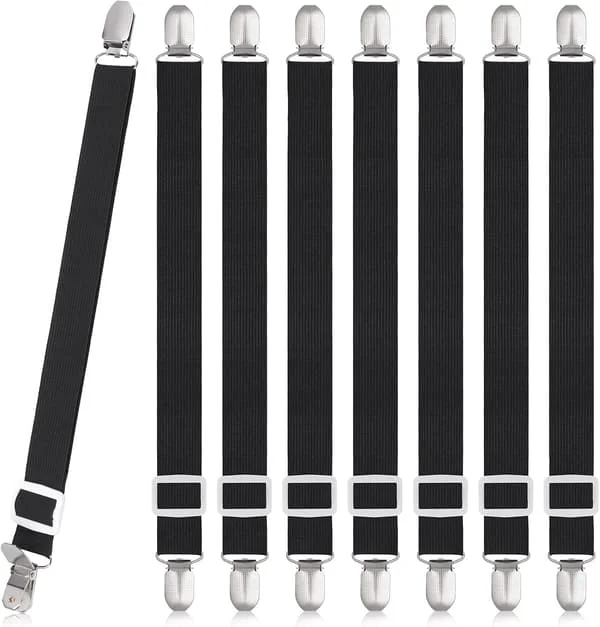 8 Pieces Sheet Clips, Adjustable Sheet Holders, High Elastic Fitted Sheet Straps with Clips, Sheet Fasteners Max Stretch 120cm, Sheet Holders