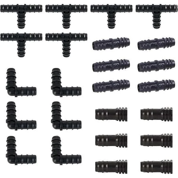 Irrigationskopplingar Kit för droppslang - 6 T-kopplingar, 6 Kopplingar, 6 Ändar, 6 Vinkelkopplingar - 16mm Droppbevattning