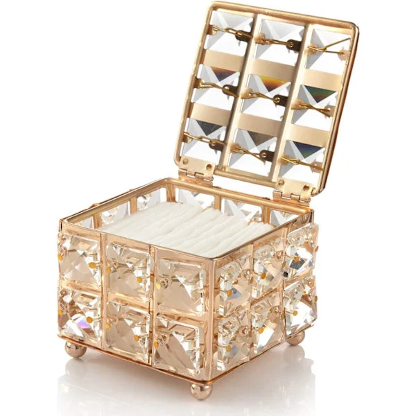 Crystal Makeup Storage Box with Lid, Diamond Pattern, for Cotton Swabs, Makeup Sponges, Makeup Pads, Bath Salts, Square Makeup (Golden)