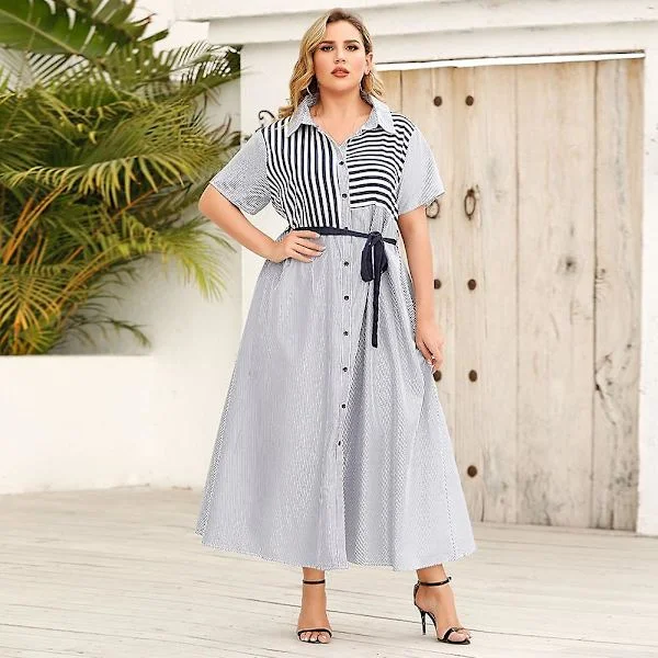Plus Size Dame Sommer Revers Stripet Kortermet Knyte Skjortekjole XL-4XL