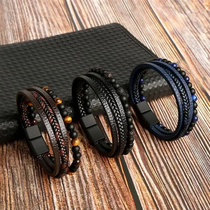AliExpress - 19/21/23Cm Handgeweven Lederen Armband Van Hoge Kwaliteit Meerlagige Tijgeroog Kralen Leren Mannen Armband Punk Armband Voor Mannen 