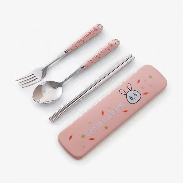 Söt djurserie Keramiskt handtag Bestickset - Bärbart bestickset med kaninmönster och fodral, inkluderar gaffel, sked och ätpinnar