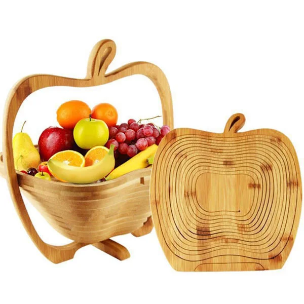 Creative Home Foldable Fruit Basket Creative Apple Shaped Bamboo Fruit Basket Decorative Table Plate For Kitchen