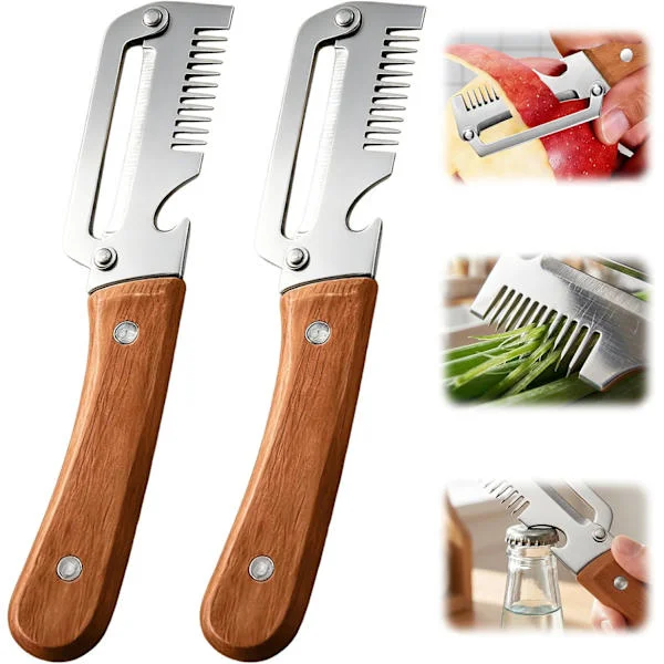 2-piece multifunctional vegetable peeler for the kitchen, peeler with wooden handle, 3-in-1 vegetable and fruit peeler with bottle opener and grater