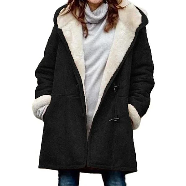 Women's Hooded Sports Jacket, Long Fleece Jacket, Winter Jacket, Lambskin Fleece Hooded Jacket, Winter Warm Hoodie, Casual Hooded Jacket Black XL