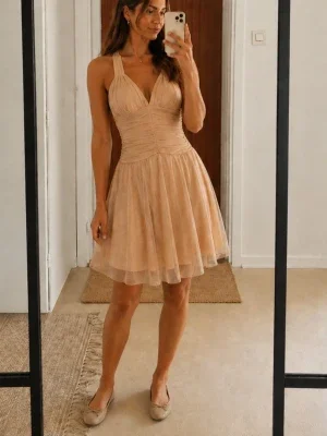 City Triangles glitter mesh cocktailklänning champagne beige princess prom XS/S