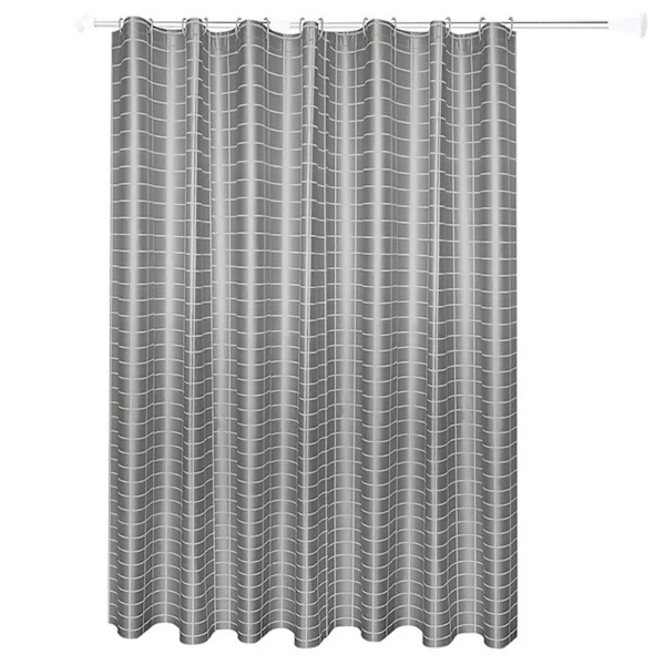 180x180CM Shower Curtain with Stainless Steel Buckle 12 Hooks Grey Grid PEVA Bathroom Curtain Set for Dorm Room