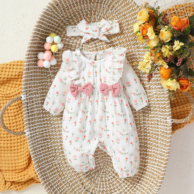 AliExpress - Baby-Mädchen-Overall für alle Jahreszeiten, langärmelig, mit Blumenmuster und Schleife, täglicher Overall für Neugeborene, 6 Monate 