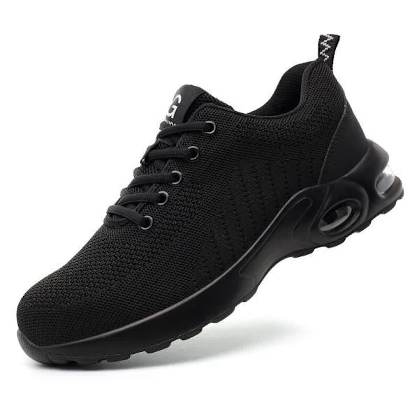 Luftkudde Skyddsskor Män Kvinnor Lätta Sneakers Halkfria Andningsbara Arbetsskor Med Snörning Stålhätta Svarta Skor Storlek 43