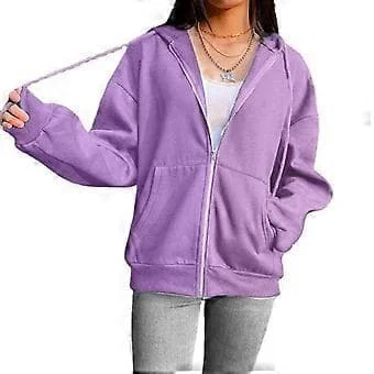 [LD]Dragsko Långärmad Ficka Dragkedja Hoodie Jacka Höst Enfärgad Dam Sweatshirt Jacka (2XL Lila)