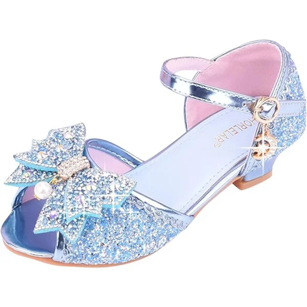 Prinsessesko til piger i alderen 2-8 år, elegante dansesko med hæl, peep-toe festsko, cosplay sko, glitter bryllupssko med sløjfe.
