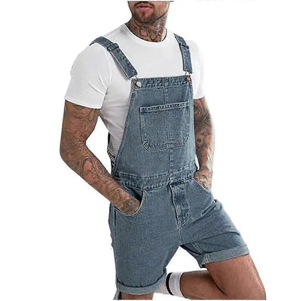 Herr Casual Mode Denim Shorts Enfärgad Bröstficka Trasiga Raka Hängselbyxor L Blå