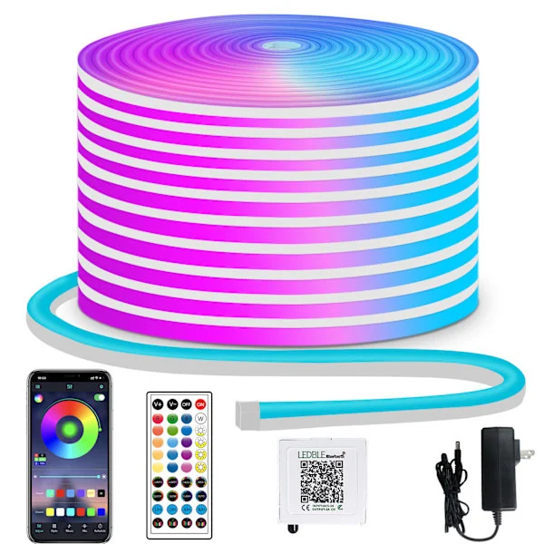 50ft RGB LED neon Repsljus LED neon Stripljus med Fjärrkontroll/APP Kontroll IP65 24V Vattentät Flexibel Neon LED Stripljus, LED-ljus
