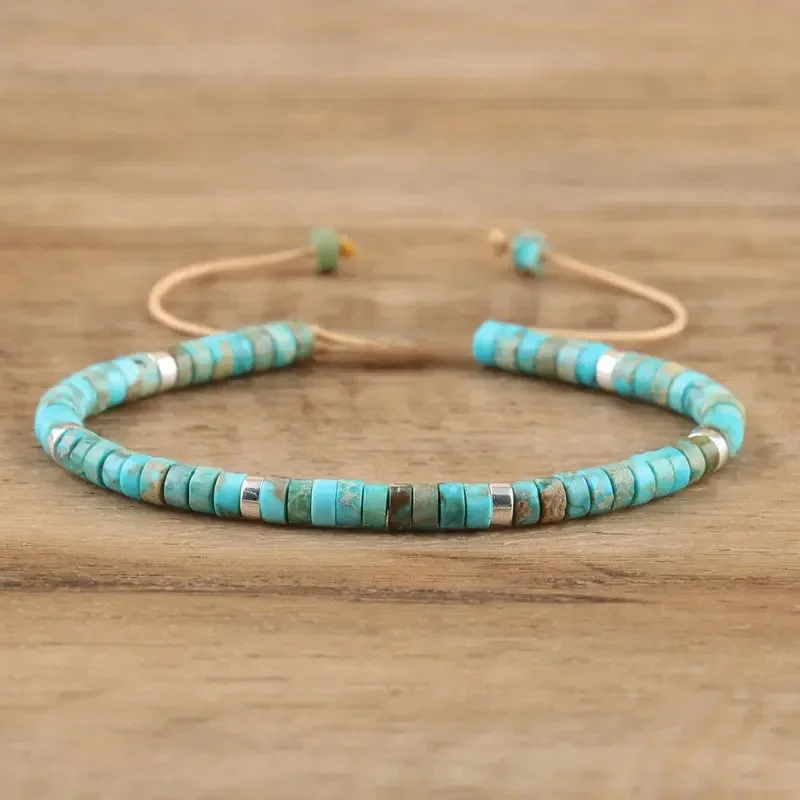 AliExpress - Bracelet tissé en perles de pierre empereur bleu naturel, 1 pièce, en forme de bloc poli, corde réglable, cadeau pour dame, Bracelet 