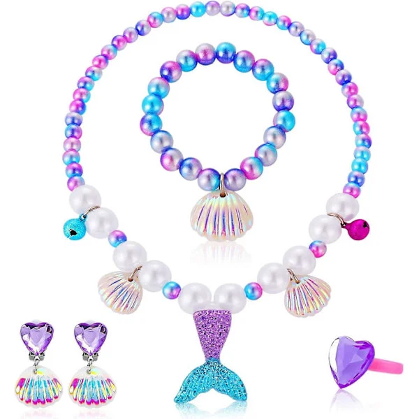 Sjöjungfru Smyckesset för Flickor, Sjöjungfru Prinsessa Barn Smycken Leksaker Set Sjöjungfru Svans Halsband Snäcka Armband Ring Örhängen