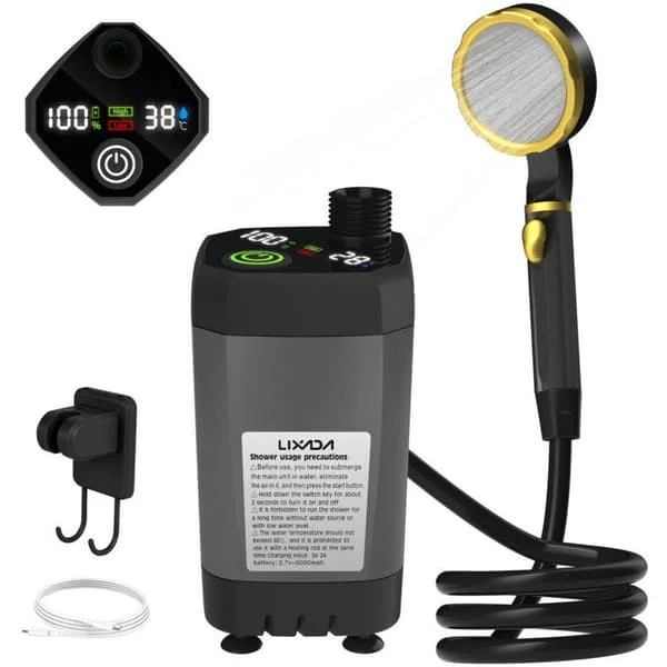 Bärbar campingdusch med pump och utomhusduschkit för husbilar. Campingdusch med smart digital fullskärm, 7800mAh, Grå.