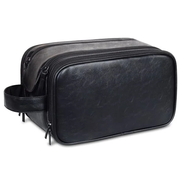 【BQ】Men's Large Genuine Leather Travel Overnight Toiletry Bag Gym Wash Bag Cosmetic Shaving Bag with Carry Handle (Black)