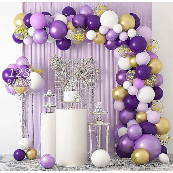 128 stk. Lilla Ballongbue Sett, Lilla og Gull Ballong Garland Sett, Metallisk Lilla Hvite Ballonger Bue Sett, Latex Ballonger for Bryllup Bursdag Par
