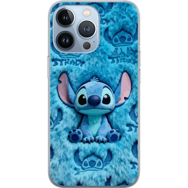 Kompatibel Mobilcover til Apple iPhone 13 Pro Stitch sidder på fluffy blåt mønster med sit ansigt og ører gentaget som tekstur, hvilket skaber et sød