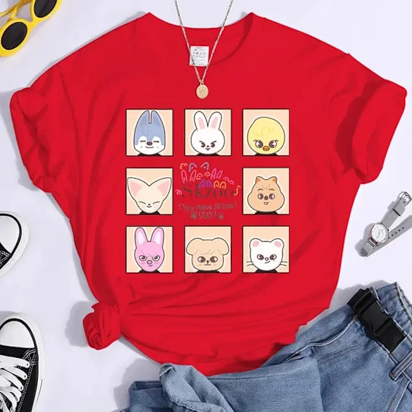 K-POP Stray Kids T-skjorte Herr og Dame T-skjorter Harajuku Y2K T-skjorte Casual Sommer Kortærmede T-skjorter for kvinner TL3274-rød