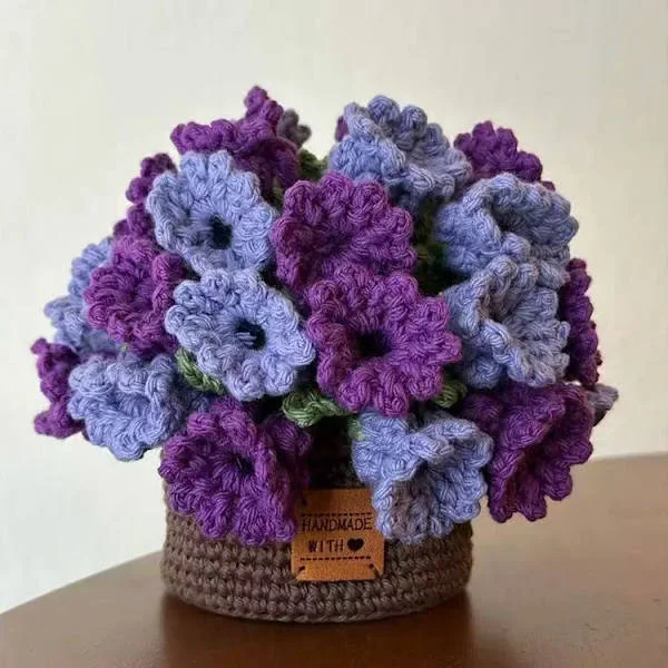 Heklet Blomsterbrikke Grytesett Håndlaget Lilje Blomsterdekorasjon Hjemmegave Lilla Blå Stil