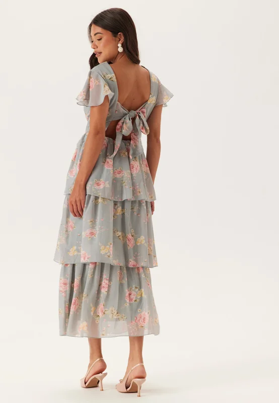 Bubbleroom Occasion - Butterfly Sleeve Flounce Dress - Dovgrön/Blommig - Klänning Bröllopsgäst