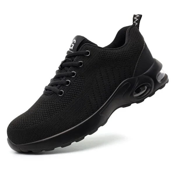 Luftpude Sikkerhedssko Herre Dame Lette Sneakers Skridsikre Åndbare Arbejds Snørebånd Ståltå Sort Sko Størrelse 43