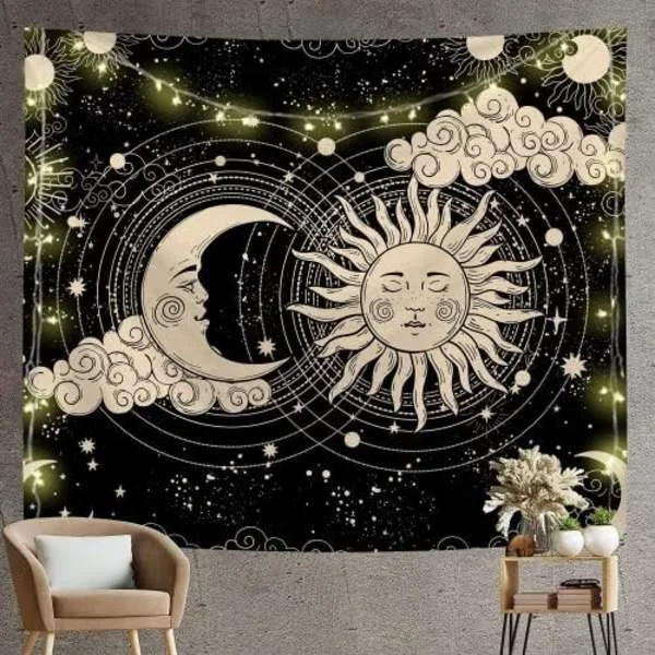 Sol og Måne Veggteppe Svart Gull Veggteppe Måne Sol Veggteppe Veggdekor Psykedelisk Matte Gotisk Veggteppe Trippy Veggteppe Vegg