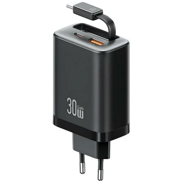 USAMS Xiang Series CC296 väggladdare 30 W 1 USB-C port 1 USB-A port + svart USB-C-kabel +