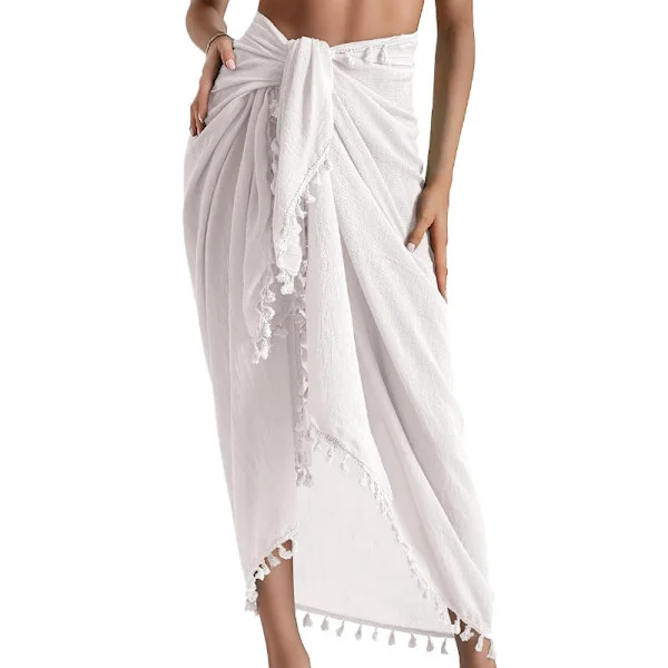 Women's Long Tassel Sarong Cardigan Beach Cover Up Swimwear Wrap Skirt Lightweight Semi-Sheer Boho Summer Vacation Clothes