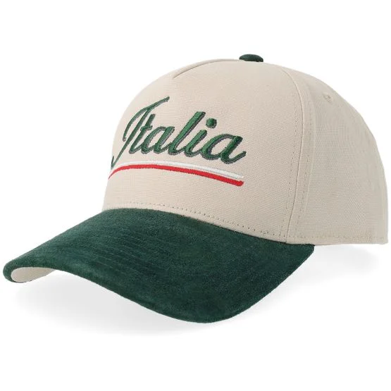 Iconic - Beige adjustable Cap - Italia Script Beige Canvas/Forest Suede A-Frame Adjustable @ Hatstore