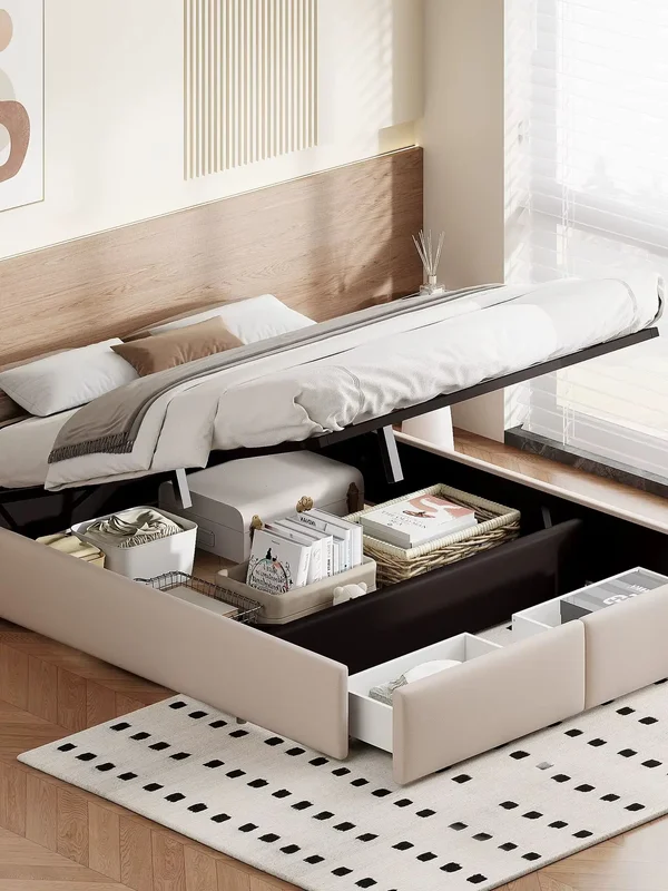 AliExpress - Bett 140 x 200 cm, Polsterbett Ohne Kopfteil, Hydraulisch Stauraumbett mit 2 Schubladen, Doppelbett, Bettrahmen mit Stauraum, für 