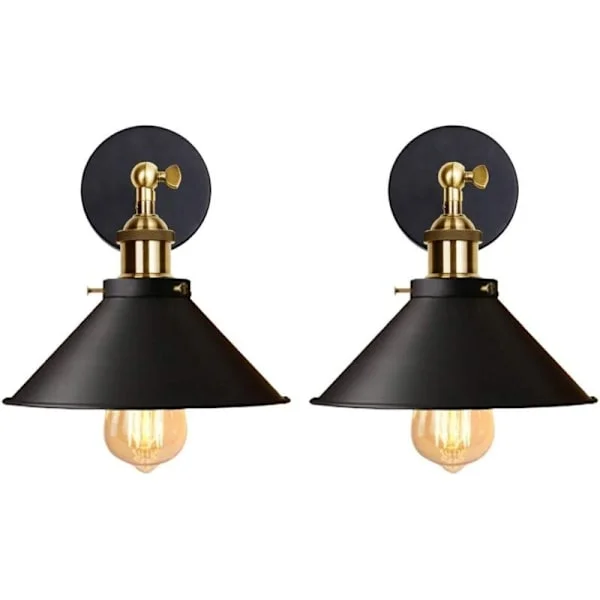 Set med 2 industriella vägglampor, taklampor i Edison-stil i metall, retro taklampor med 180 graders rotation - 220 mm. Svart (glödlampor ingår ej)